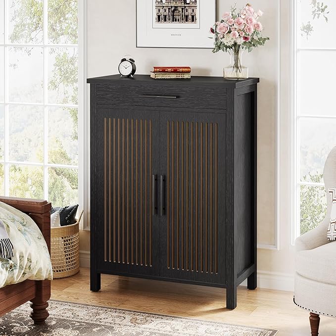 Tribesigns Shoe Cabinet, 5-Tier Shoe Storage Cabinet with Louvered Doors and Drawer, Freestanding Wooden Shoe Rack Organizer with Adjustable Shelves for Entryway, Hallway, Closet, Black