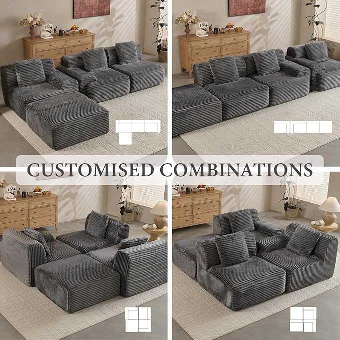 VK·LIVING 113" Cloud Sectional Couch, 61.6" Deep Seat Boneless Modular Sofa with Wide Armrests, Plush Corduroy Memory Foam Couch for Living Room, No Assembly, Dark Gray