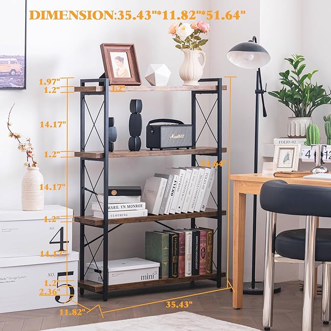 HCHQHS Bookshelf, 4-Tier Industrial Bookcase, Rustic Open Book Shelf, Freestanding Tall Bookshelves with Metal Frame