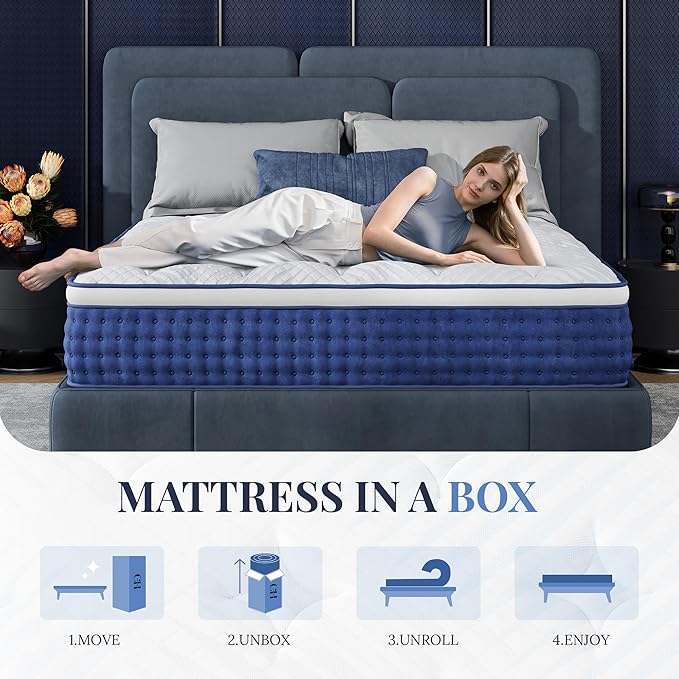King Size Mattress, 10 Inch Hybrid Mattress King Size, Medium Feel Foam and Individual Pocket Springs, Extra Edge Support, Pressure Relief, CertiPUR-US, Blue