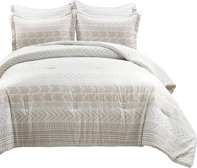 Lush Decor Hygge Geo Reversible 5 Piece Comforter Set, King, Taupe & White