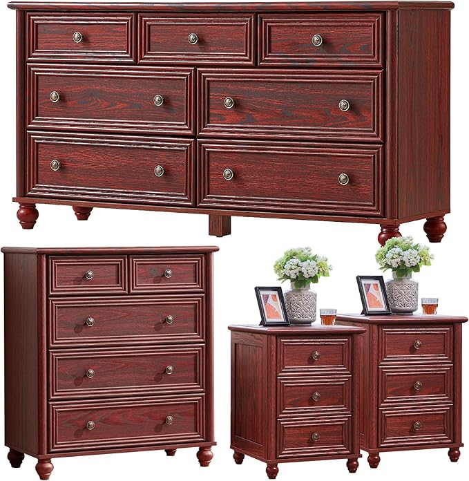 Farmhouse Dressers & Night Stand Set of 4, Wood 54" Wide 7 Drawer Dresser & 35" Tall Chest of Drawers, 18" Roman Column Nightstand Set of 2, Bedroom Furniture Dresser Sets for Home Living Room Hallway