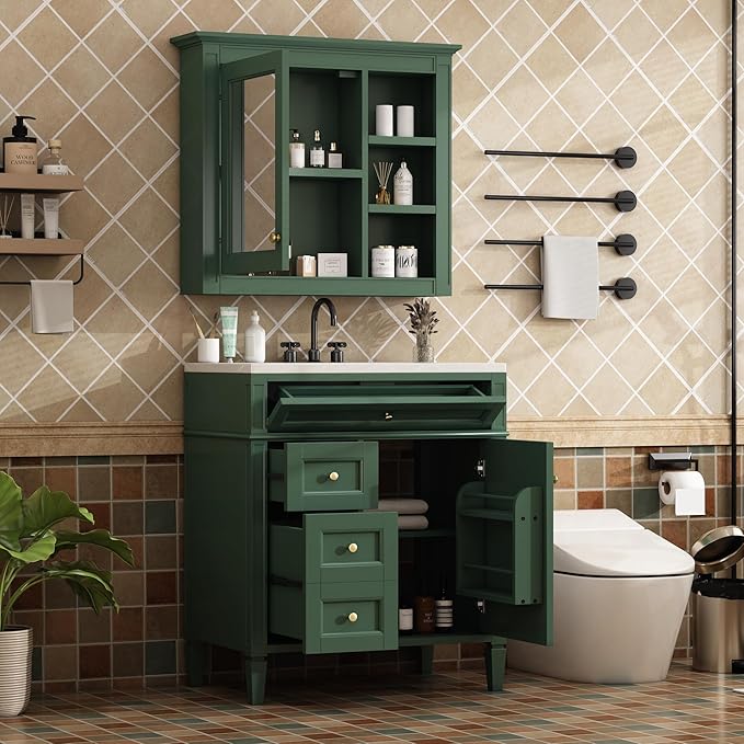 30" Bathroom Vanity with Matching Medicine Cabinet, Modern Sink Storage Cabinet with Drawers, Soft Closing Doors and Shelf, Bathroom Vanities with Sink & Mirror