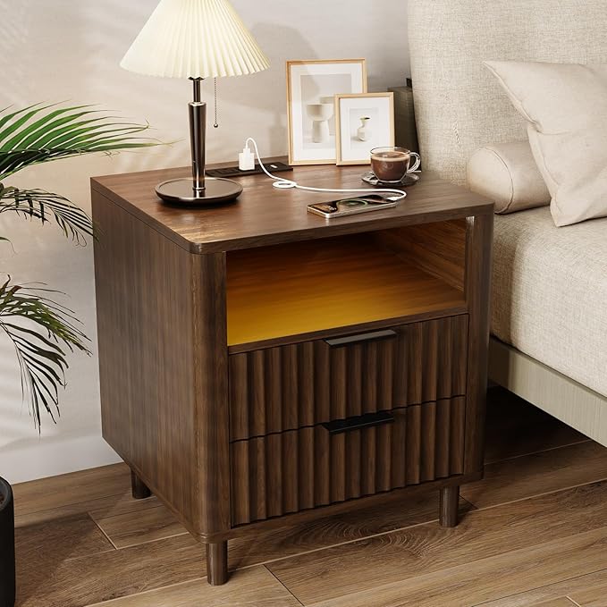 Fluted Nightstand with Charging Station, 2 Drawers Storage Bedside Table, Solid Wood Modern Nightstand with Open Shelf, Curved Profile Design, End Table for Indoor Room Bedroom Office, Walnut