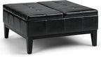 SIMPLIHOME Dover 36 inch Wide Contemporary Square Coffee Table Storage Ottoman in Midnight Black Vegan Faux Leather, Assembled, For the Living Room and Bedroom