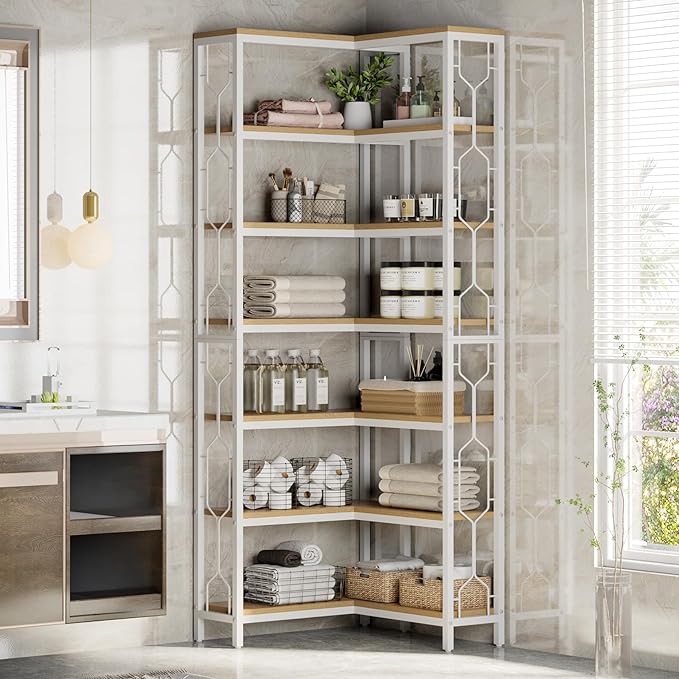 Tribesigns Corner Shelf, 7-Tier Industrial Corner Bookshelf, Wood and Metal Corner Etagere Bookcase, Freestanding Display Shelf for Living Room, Kitchen, Home Office, White and Natural