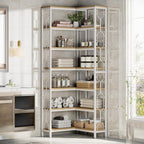 Tribesigns Corner Shelf, 7-Tier Industrial Corner Bookshelf, Wood and Metal Corner Etagere Bookcase, Freestanding Display Shelf for Living Room, Kitchen, Home Office, White and Natural