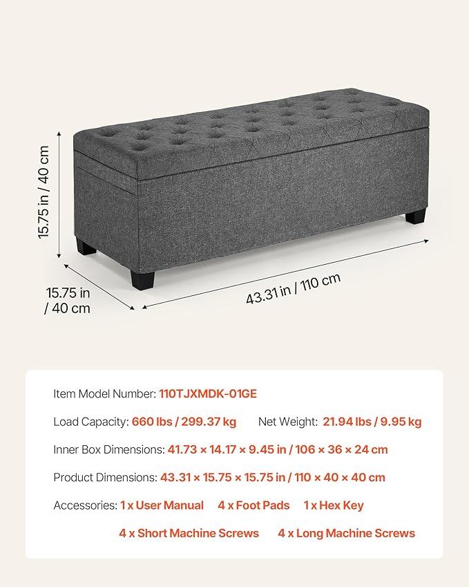 VEVOR Storage Ottoman Bench, End of Bed Bench with 2 Side Bags, Fabric Upholstered with Metal Frame, Toy Box Storage, Bed Benches for Foot of Bed, Bench for Entryway, Living Room, Playroom, Gray