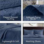 Madison Park Quebec Reversible Quilt Set Damask Design, Double Sided Stitching All Season, Lightweight Bedspread Bedding Set, Matching Sham, Navy, Twin(81"x110") 2 Piece
