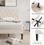 VECELO Twin Size Bed Frame with Button Tufted Headboard, Upholstered Platform Bedframe with Wood Slat Support, No Box Spring Needed, Cream Beige