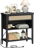 VASAGLE Console Table with Power Outlets, Entryway Table with Storage Shelf, Sofa Table with Drawer, Open Compartment, Rounded Corners, for Living Room, Boho Style, Ash Black ULNT140B21