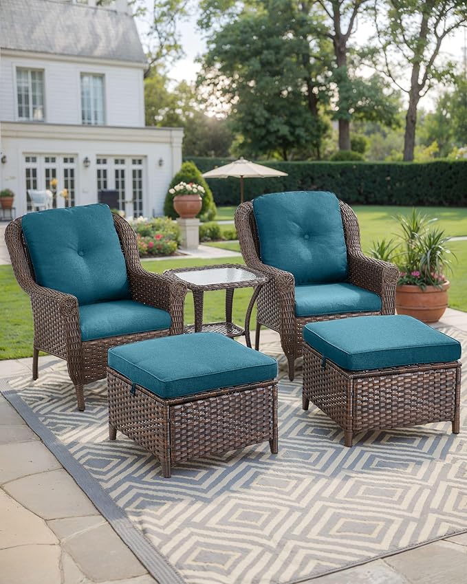 3 Piece Patio Brown Wicker Chairs with Side Table - Outdoor High Back Heavy Duty All-Weather Lawn Dining Rattan Chair Conversation Bistro Set for Deck Porch Balcony Garden - Peacock Blue