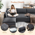 Vesgantti 143" L Shaped Modular Sectional Couch, Comfy Corduroy Upholstered Cloud Couches for Living Room, Modern 3 Seater Sofa with Movable Ottoman & Throw Pillows, Charcoal Grey