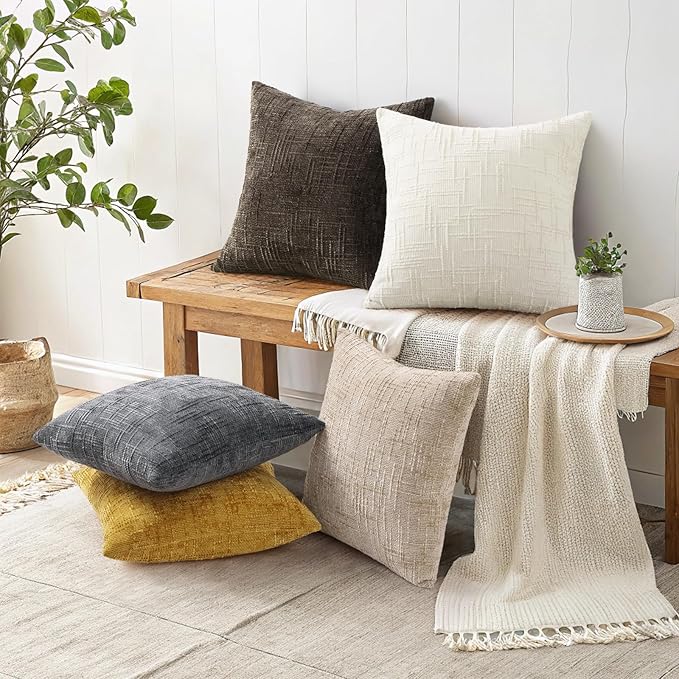 decorUhome Mustard Yellow Chenille Throw Pillow Covers 20x20 Set of 2 Thick Textured Slubby Couch Pillow Covers Farmhouse Accent Modern Neutral Decorative Pillow Cases for Bed Sofa Living Room