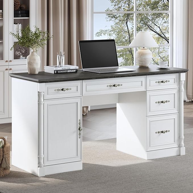 Farmhouse Executive Desk with Storage Drawers and File Cabinet, 60" Vintage Home Office Desk with Power Outlet and Roman Column, Wood Computer Desk with Keyboard Tray for Work and Study, Antique White