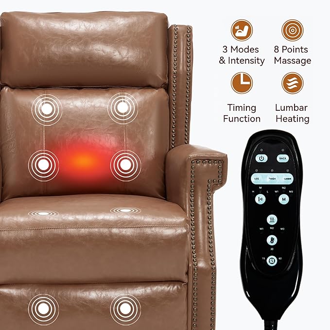 Manual Recliner Chair with Massage & Lumbar Heat, Breathable Leather Reclining Chair for Adults, Humanized Design Easy to Install Living Room Recliners Camel Brown