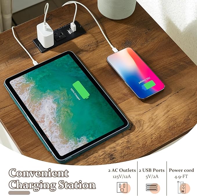 T4TREAM Farmhouse Nightstand Set of 2 with Charging Station, Rustic End Table with 2 Drawers, Storage Open Shelf for Bedroom, Living Room, Wood Side Table, Antique White