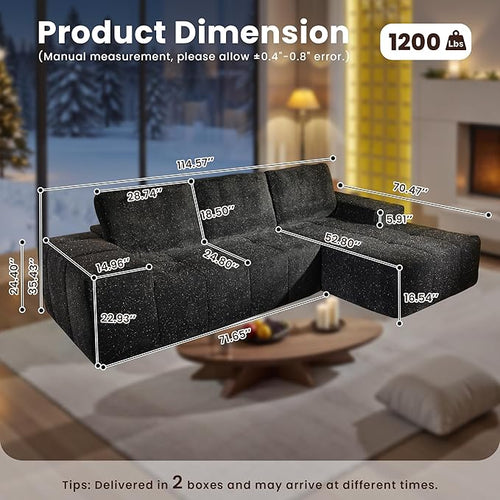 114" Glitter Cloud Sectional Couch with L-Shape Chaise, Modern Boneless Couches for Living Room, Fluffy Tufted Deep Seat Modular Sofa in a Box No Assembly