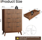 Fluted 5 Drawer Dresser, Tall Dresser with Deep Drawers, Wood Chest of Drawers for Bedroom, Modern Tall Chest Storage Organizer, Natural Finish for Hallway, Entryway, Living Room (Walnut)