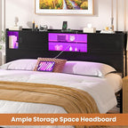 Homieasy Headboard for King Size Bed with Storage, Sturdy Bookcase Headboards with Outlet, USB & LED Light, King Size Headboard Only, Head Board with Sliding Doors & Bed Adapter for Bedroom, Black
