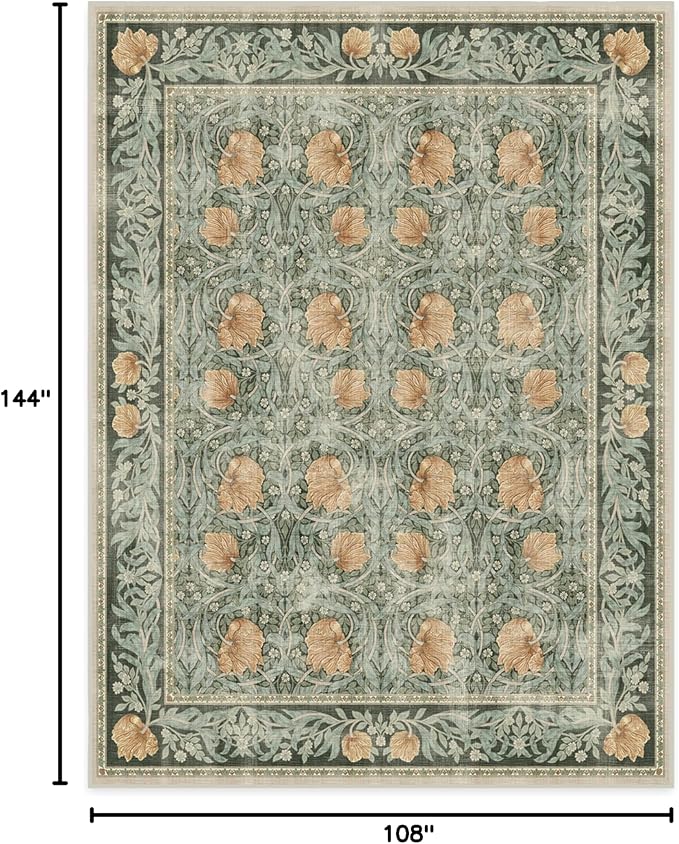 RUGGABLE x Morris & Co Washable Area Rug– Pimpernel Vintage Green 9x12, Stain-Resistant, Non-Slip – Large Machine Washable Rugs for Living Room, Bedroom, Hallway, Entryway & Office–with Cushioned Pad
