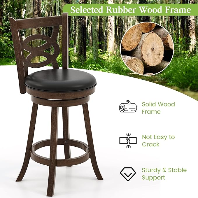 ERGOMASTER Swivel Bar-Stools Set of 2 Counter Height Barstool 29 Inch Seat Bar Chair Rubberwood Frame Brown for Rustic & Classic