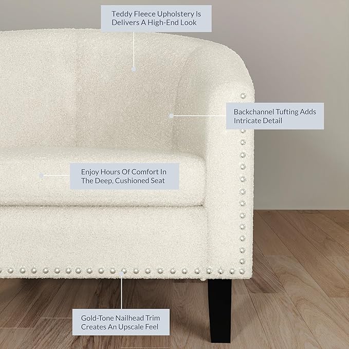 BELLEZE Accent Barrel Chairs Set of 2, Modern Tub Club Chairs Upholstered Armchairs for Living Room, Accent Chairs with Silver Nail Head Trim Black Legs - Kyara (White/Polyester)