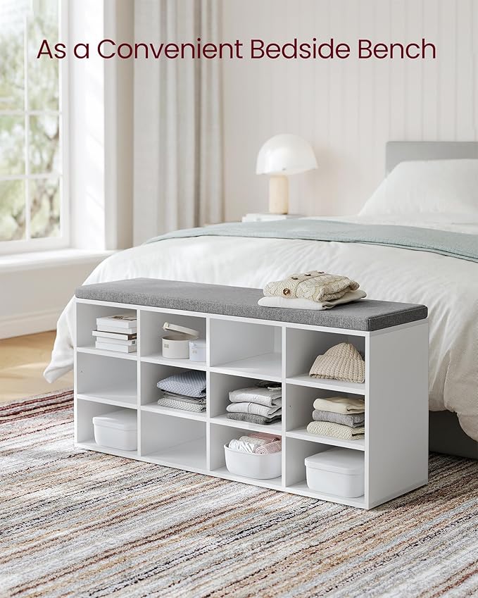 VASAGLE CUSTOS Collection - Shoe Bench, Storage Bench with Padded Seat, Entryway Bench with 12 Compartments, for Bedroom, 11.9 x 40.9 x 18.9 Inches, Cloud White and Slate Gray ULHS012W14