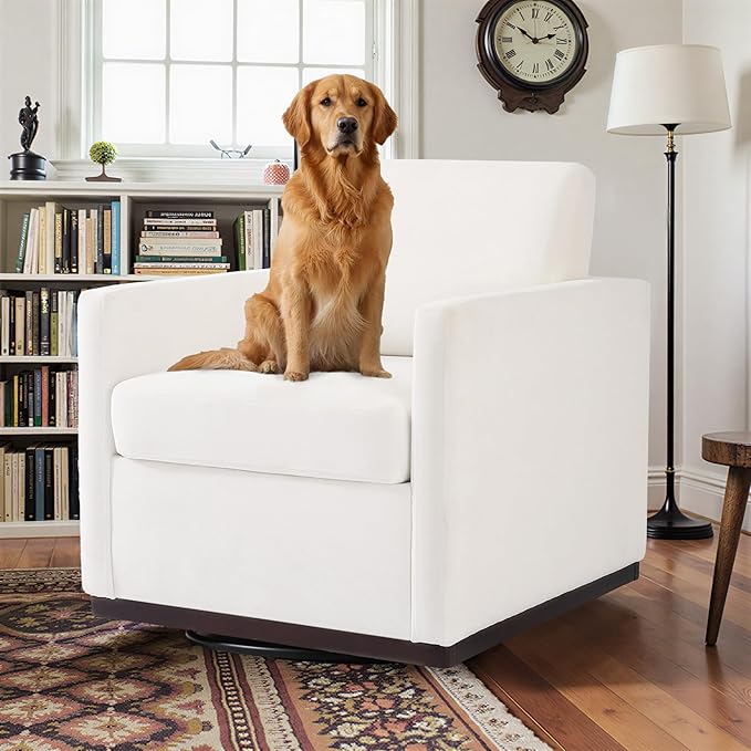 Pia Ricco Single Swivel Barrel Chair, Mid-Century Modern Accent Armchair with Plush Chenille Upholstery for Living Room & Cozy Reading Nook, Beige