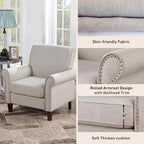 Prilinex Upholstered Living Room Chair - Large Comfy Fabric Accent Chair Single Sofa with Cushion, Rolled Armrest & Nailhead Trim, Mid Century Farmhouse Armchair for Bedroom, Office, Beige
