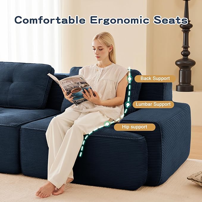 80.3” Blue Boneless Couches for Living Room, Modular Sectional Sofa, 2 Seater Comfy Upholstered Loveseat Deep Seat Corduroy Fabric Cloud Couch No Assembly, Anti-Slip Design