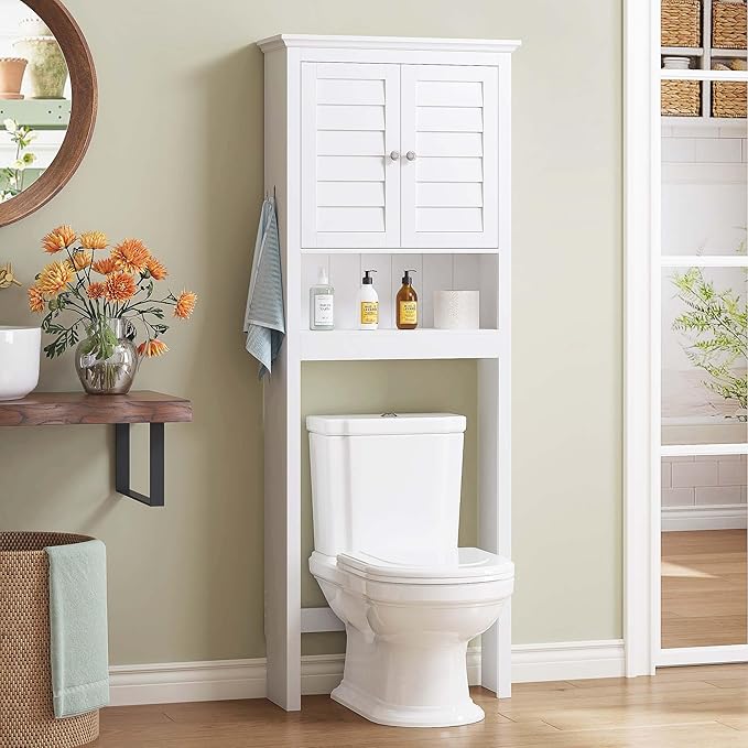 Spirich Over The Toilet Storage Cabinet, Space-Saving Above Toilet Bathroom Organizer with Adjustable Shelf and Hooks, White