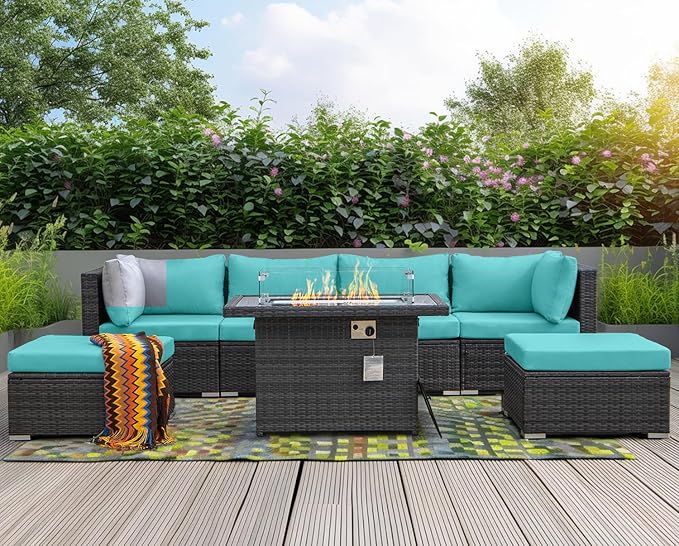 NICESOUL 29.3'' High-Back Outdoor Patio Furniture Set with Firepit Propane & Natural Gas, Oversized Deep Seat Rattan Conversations for Tall People, 7 Piece Couches, 2 Color Cushions Turquoise & Grey