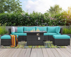 NICESOUL 29.3'' High-Back Outdoor Patio Furniture Set with Firepit Propane & Natural Gas, Oversized Deep Seat Rattan Conversations for Tall People, 7 Piece Couches, 2 Color Cushions Turquoise & Grey