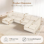Vesgantti 141.7" U Shaped Sectional Boneless Couch, Modern 6 Seater Modular Sofa with Chaise & Ottoman, Deep Seat Plush Corduroy Cloud Couches for Living Room, No Assembly Required, Beige