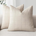Foindtower Set of 2 Decorative Linen Check Throw Pillow Covers Neutral Farmhouse Vintage Cushion Covers Modern Boho Home Decor for Sofa Chair Couch Bedroom Living Room,26×26 Inch,Natural Beige