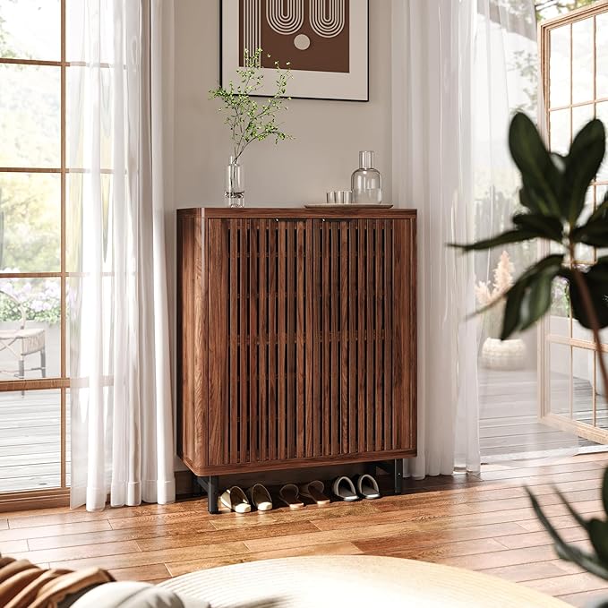 Tribesigns 6-Tier Farmhouse Shoe Cabinet with Shutter Doors, Wooden Shoe Organizer Rack with Adjustable Shelves, Modern Large Hidden Storage Furniture for Entryway, Hallway (Black&Brown)