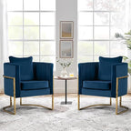 Velvet Modern Accent Chair, Upholstered Barrel Armchair Mid Century with Pillow for Living Room, Comfy Single Vanity Chair with Metal Gold Legs for Bedroom, Blue
