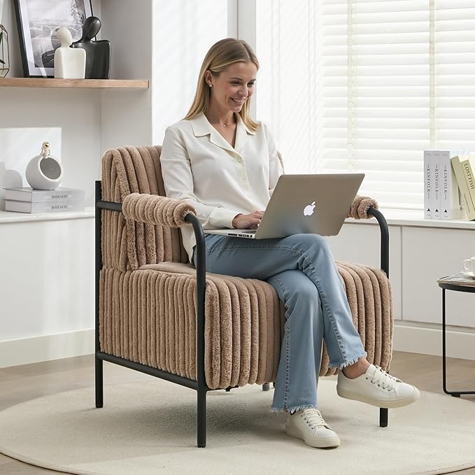 Modern Accent Lounge Chair Velvet Tufted Textured Upholstery Vertical Stitching Metal Frame Ergonomic Reading Chair for Living Room Bedroom Stylish Compact Cozy Design (Light Brown)