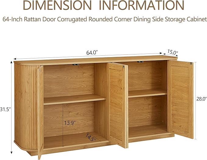 LKTART 64" Sideboard Buffet Cabinet with Storage, Wooden Fluted Storage Cabinet Sideboard with Adjustable Shelves Pressed Spring Rattan Doors for Kitchen Living Room (Natural)
