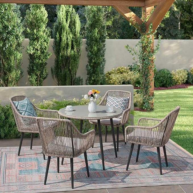 JOIVI 5 Piece Outdoor Dining Set, Wicker Patio Furniture Dining Table and Chairs Set with Cushions for 4 People, Tempered Glass Tabletop with 2.16” Umbrella Hole, for Lawn, Backyard, Garden