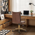 MOJAY Mid-Back Ergonomic Leather Office Desk Chair, Modern Upholstered Computer Chair, Executive Office Chair with Arms, Swivel Adjustable Rolling Chair with Gold Base (Brown)