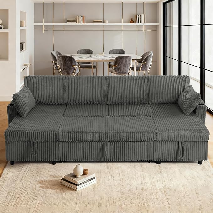 110" Corduroy Pull Out Sofa Bed w/Adjustable Backrests, Sectional U-Shape Sleeper Sofa w/Storage Chaise, Convertible Couch Bed w/USB Charging Port & Cup Holders for Living Room, House, Grey