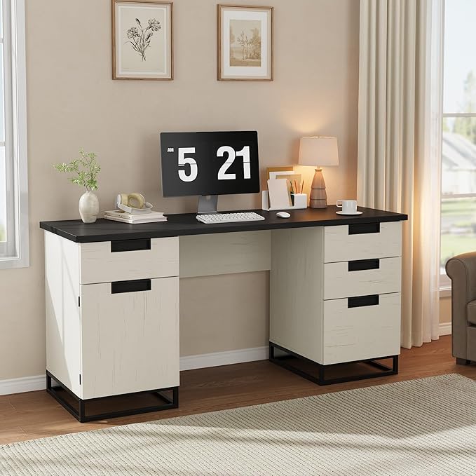 IDEALHOUSE Farmhouse Executive Desk, 59" Computer Desk, White Home Office Desks with File Drawer and Storage Cabinet, Wood Writing Desks for Home Office, Bedroom, White+Black