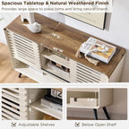 RedLemon 46" Entryway Table, Mid Century Modern Console Table with Slatted Sliding Door, Storage Shelf Wood Sofa Table Behind Couch for Hallway, Living Room, Foyer, Antique White