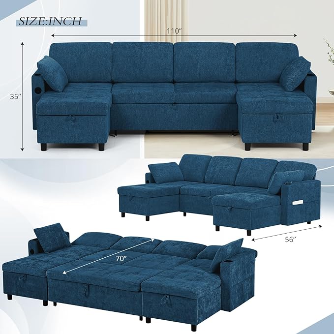 110" Sectional Pull Out Sofa Bed with Adjustable Backrests, U-Shaped Sleeper Sofa with USB Ports, Upholstered Reversible Couch with Cup Holder & Storage Space for Living Room, House, Blue
