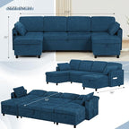 110" Sectional Pull Out Sofa Bed with Adjustable Backrests, U-Shaped Sleeper Sofa with USB Ports, Upholstered Reversible Couch with Cup Holder & Storage Space for Living Room, House, Blue