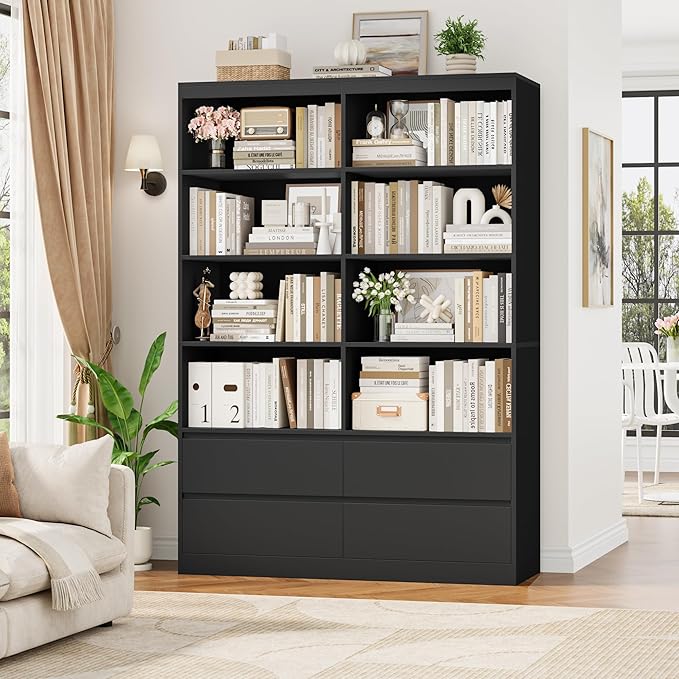 FINETONES 71" Black Bookshelf with Drawers, 47.3" Double Wide Bookshelves and Bookcases with Storage, Tall Bookshelf Large Open Book Shelf Standing Book Case for Home Office, Black