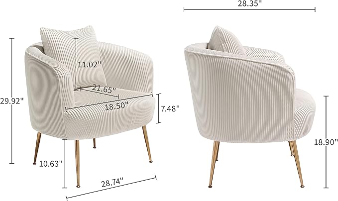 Art Leon Velvet Accent Chair, Upholstered Modern Single Sofa Chair, Comfy Barrel Chair with Golden Metal Legs for Living Room Bedroom, Off White