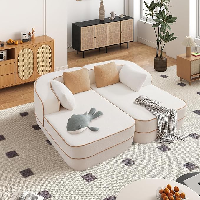 Cloud Sectional Sofa Modern Boneless Couch for Living Room, Comfy Deep Seat Comfy Teddy Fabric Double Sofa Chaise No Assembly Required (White, 77.2" Double Chaise Lounge)
